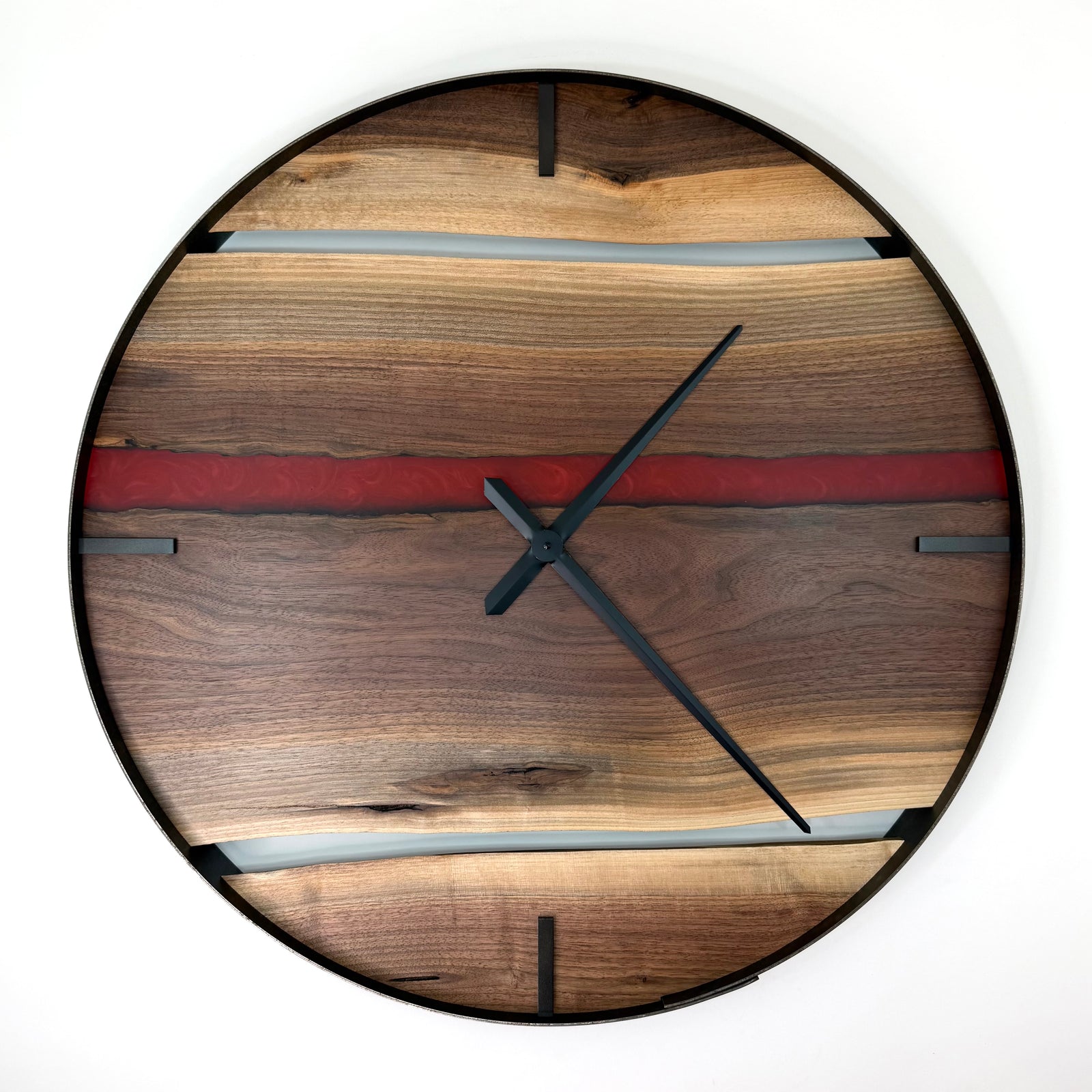 30” Black Walnut Live Edge Wood Clock ft. Red Epoxy Inlay