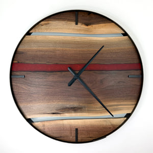 30” Black Walnut Live Edge Wood Clock ft. Red Epoxy Inlay