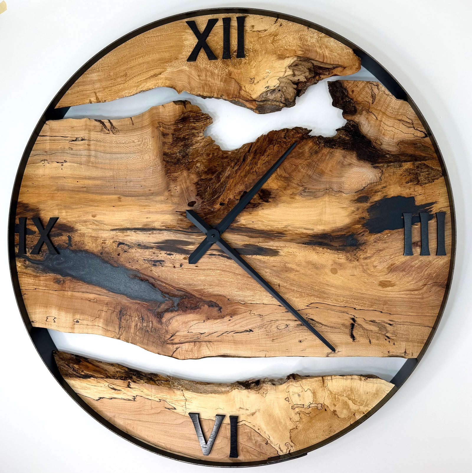 *NEW // 34” Spalted Maple Live Edge Wood Wall Clock ft. Metallic Silver Inlay