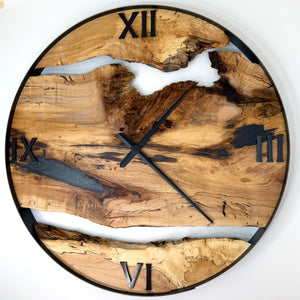 *NEW // 34” Spalted Maple Live Edge Wood Wall Clock ft. Metallic Silver Inlay