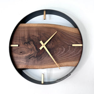 *NEW // 14” Black Walnut Live Edge Wood Wall Clock ft. Metallic Gold/Green Epoxy Inlay