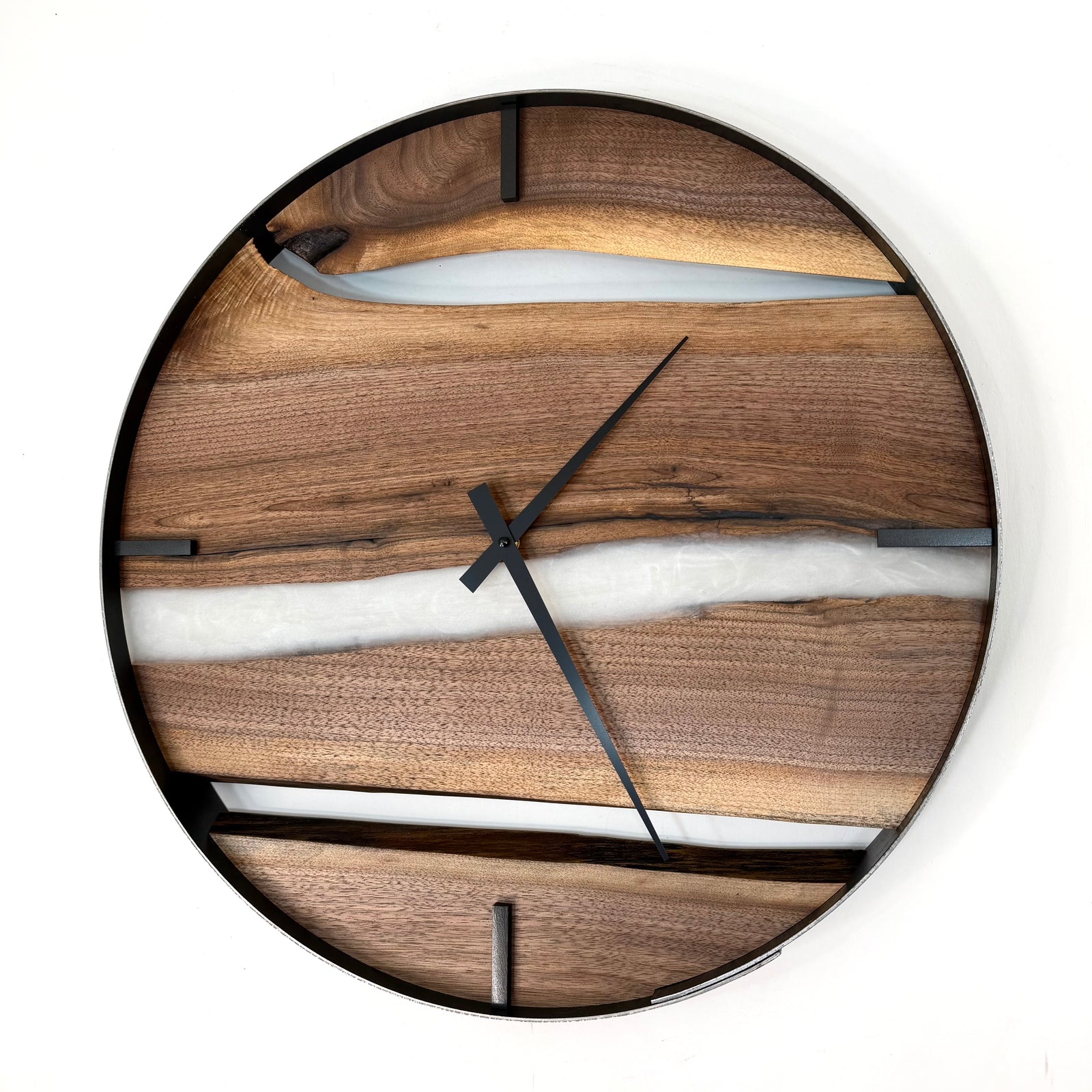 21” Black Walnut Live Edge Wood Clock ft. White Epoxy Inlay