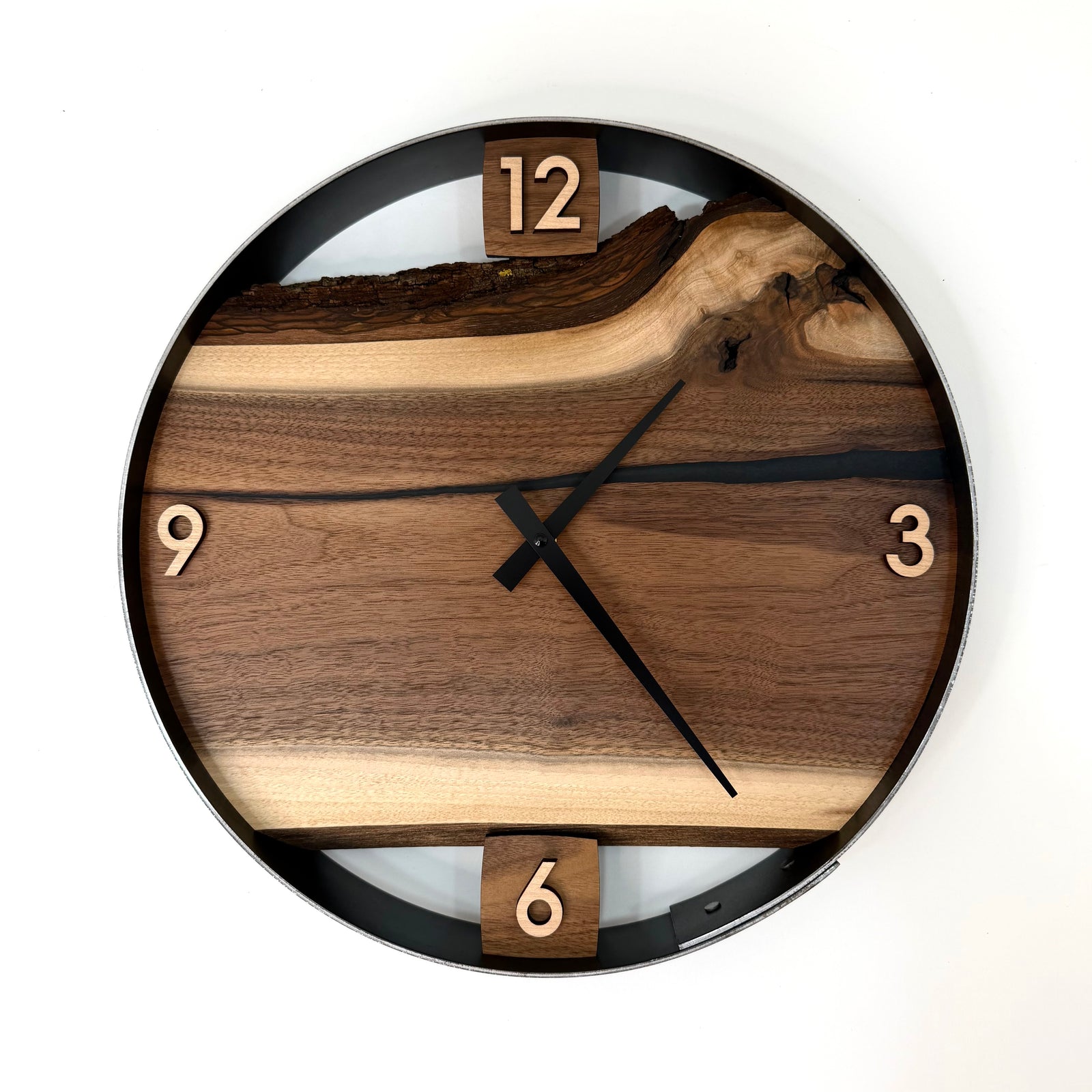 *NEW // 14” Black Walnut Live Edge Wood Wall Clock ft. Black Inlay