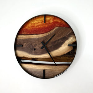 *NEW // 14” Black Walnut Live Edge Wood Wall Clock ft. Sunrise Epoxy Inlay