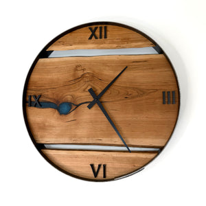 *NEW // 18” Black Cherry Live Edge Wood Clock ft. Teal Blue Epoxy Inlay