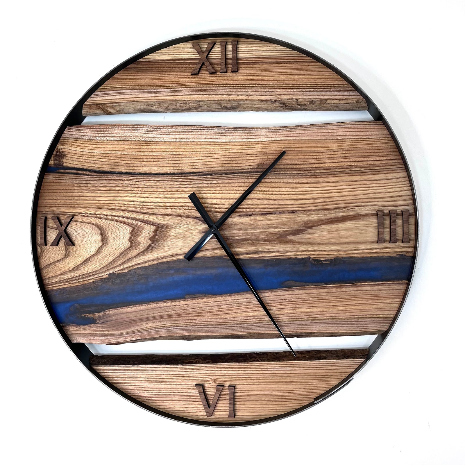 25” Elm Live Edge Wood Clock ft. Blue Epoxy Inlay