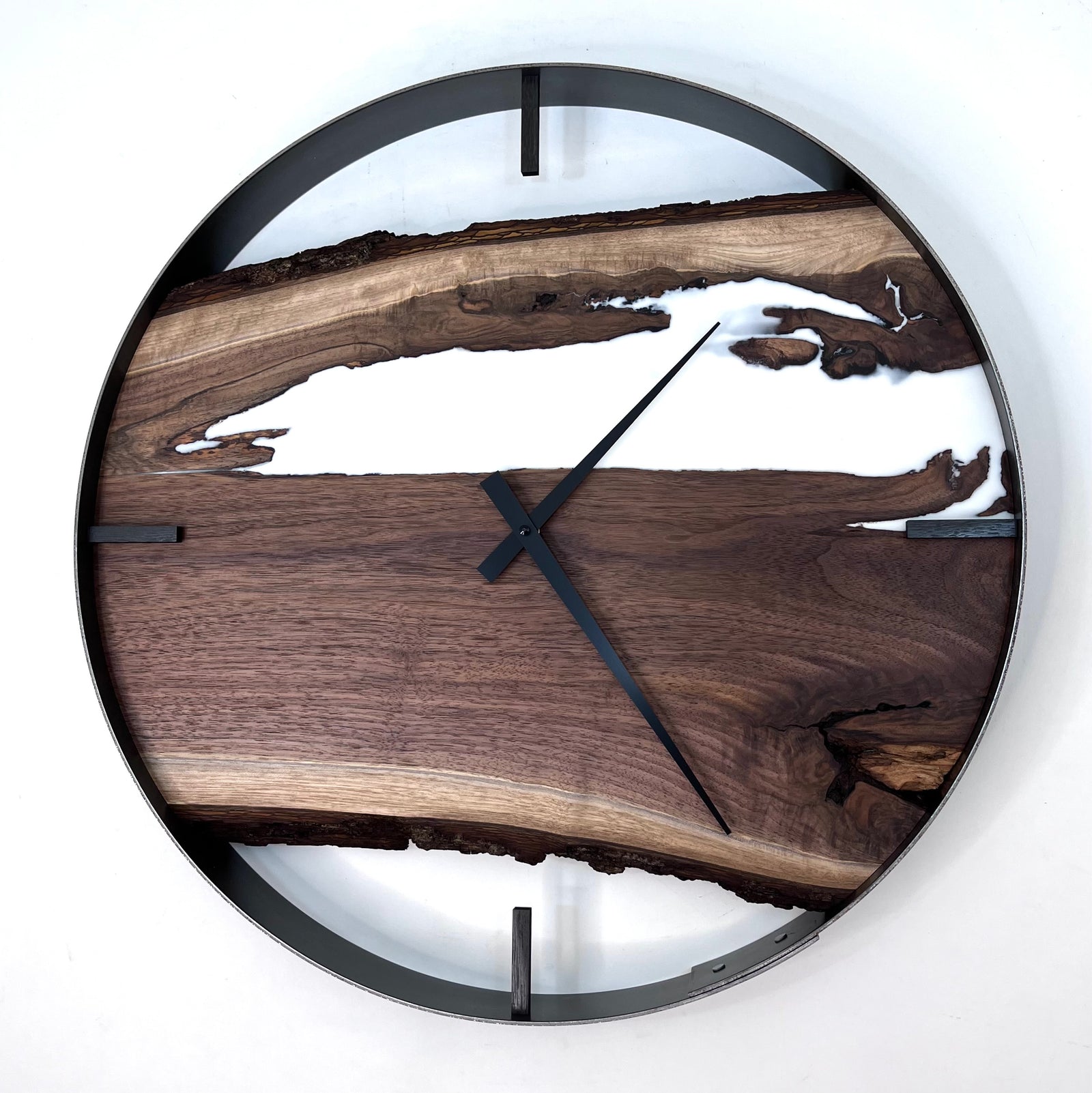 *NEW // 21” Black Walnut Live Edge Wood Clock ft. White Epoxy Inlay