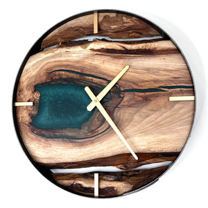 *NEW // 18” Hickory Live Edge Wood Wall Clock ft. Metallic Green Epoxy Inlay