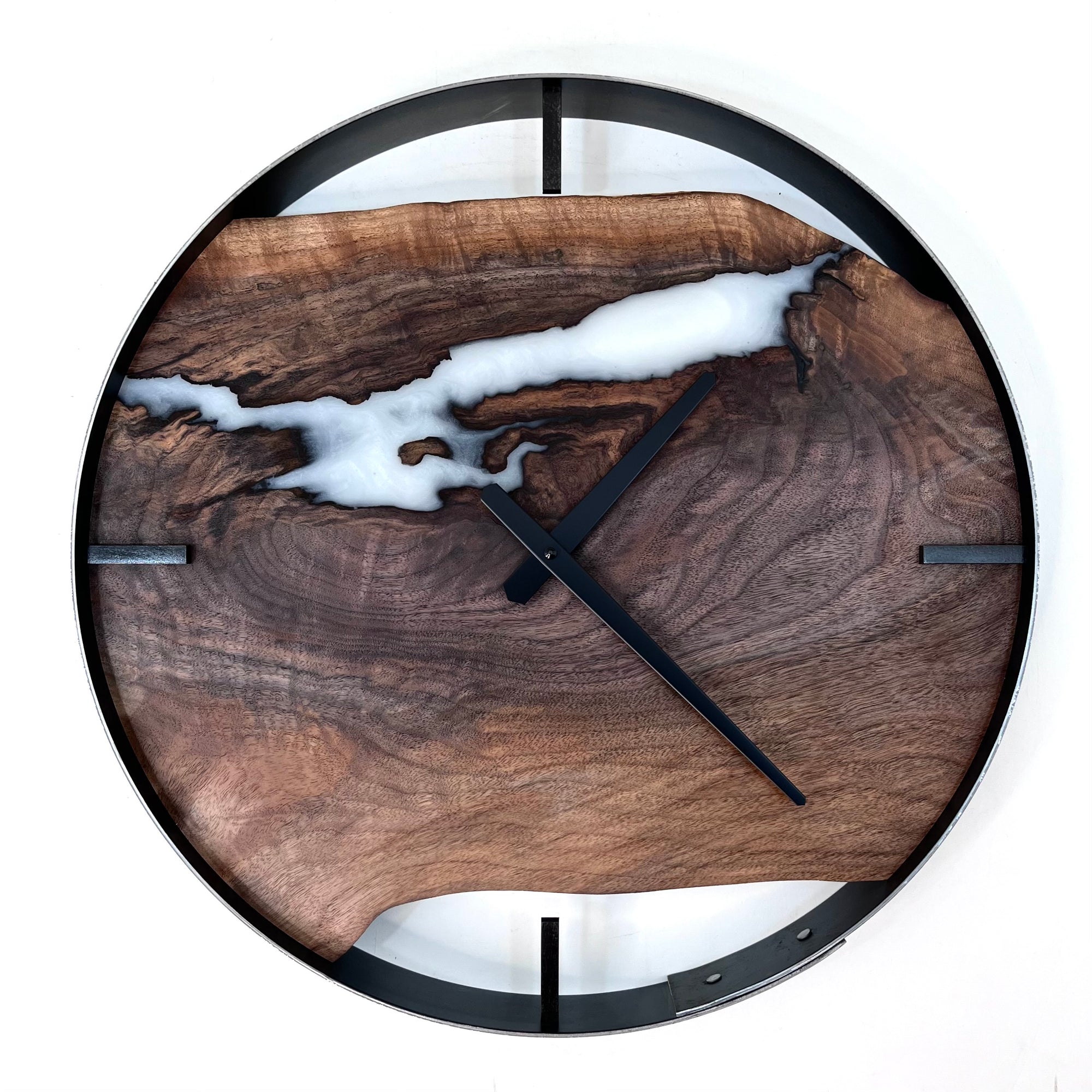 *RESERVED // 18” Black Walnut Live Edge Wood Wall Clock ft. Metallic White Inlay