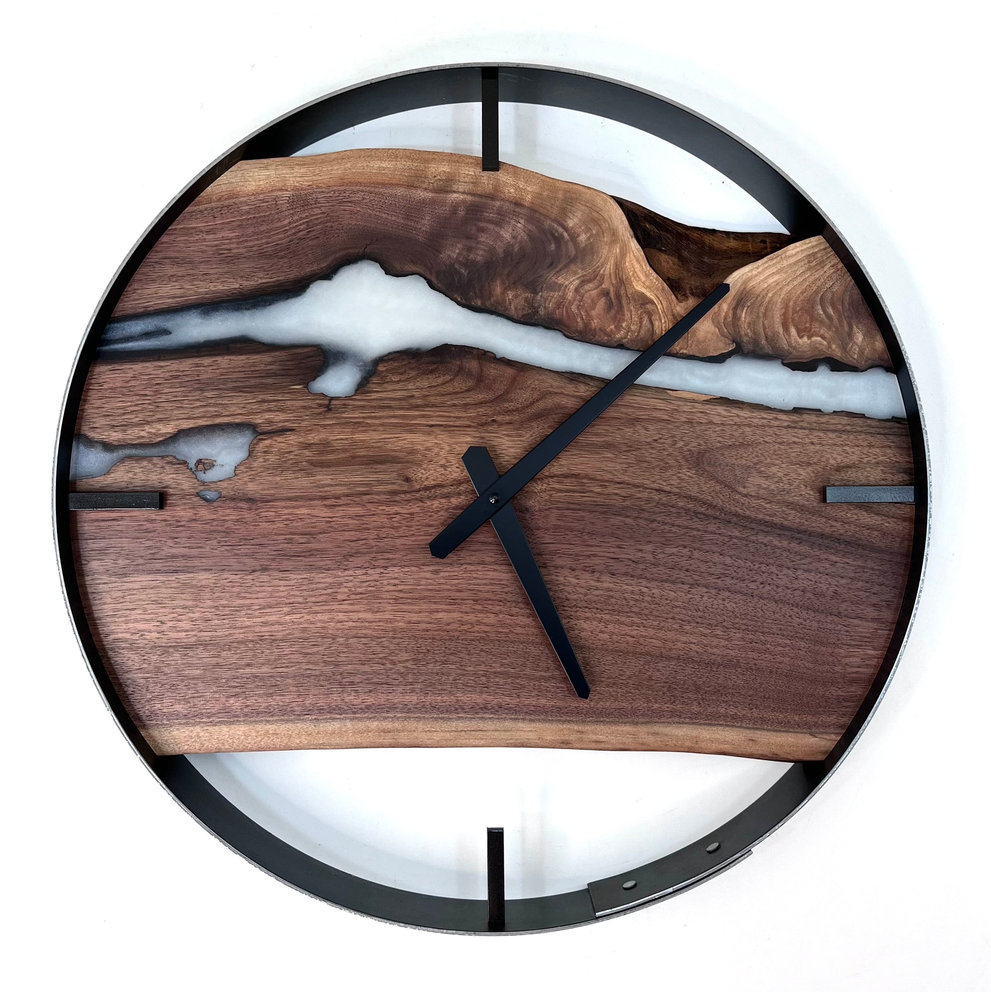 *RESERVED // 18” Black Walnut Live Edge Wood Wall Clock ft. Metallic White Inlay
