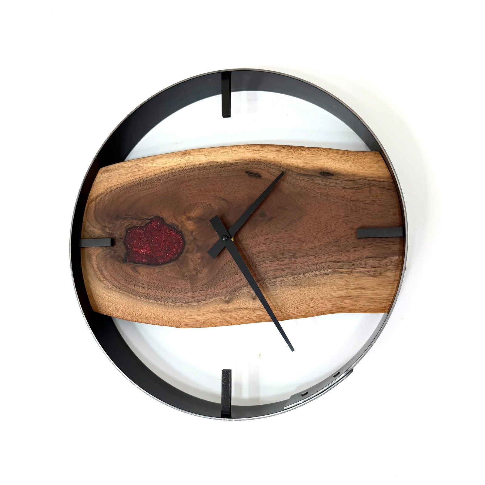 14” Black Walnut Live Edge Wood Wall Clock ft. Metallic Red Inlay