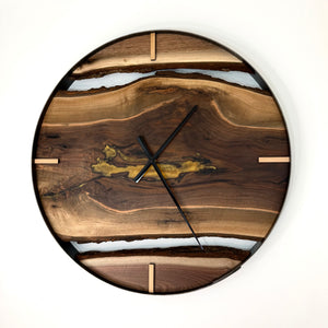 25” Black Walnut Live Edge Wood Clock ft. Gold Epoxy Inlay