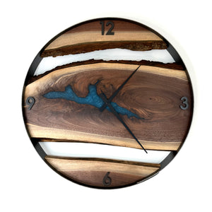 21” Black Walnut Live Edge Wood Clock ft. Teal Epoxy Inlay