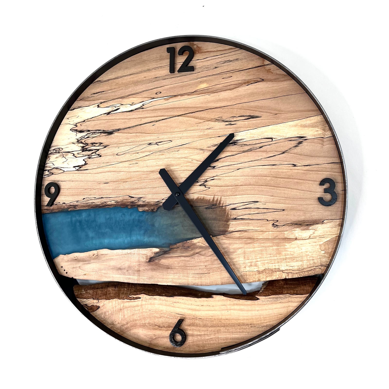 18” Spalted Maple Live Edge Wood Clock ft. Metallic Teal Epoxy Inlay