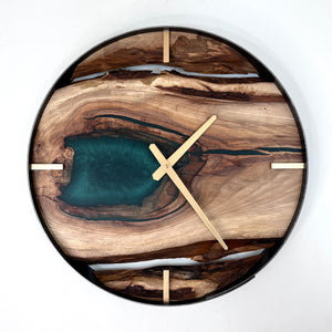 *NEW // 18” Hickory Live Edge Wood Wall Clock ft. Metallic Green Epoxy Inlay