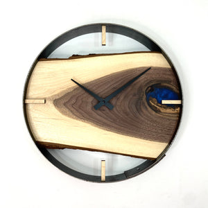 SALE // 14” Black Walnut Live Edge Wood Wall Clock ft. Blue Epoxy Inlay