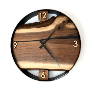*NEW // 14” Black Walnut Live Edge Wood Wall Clock ft. Black Inlay