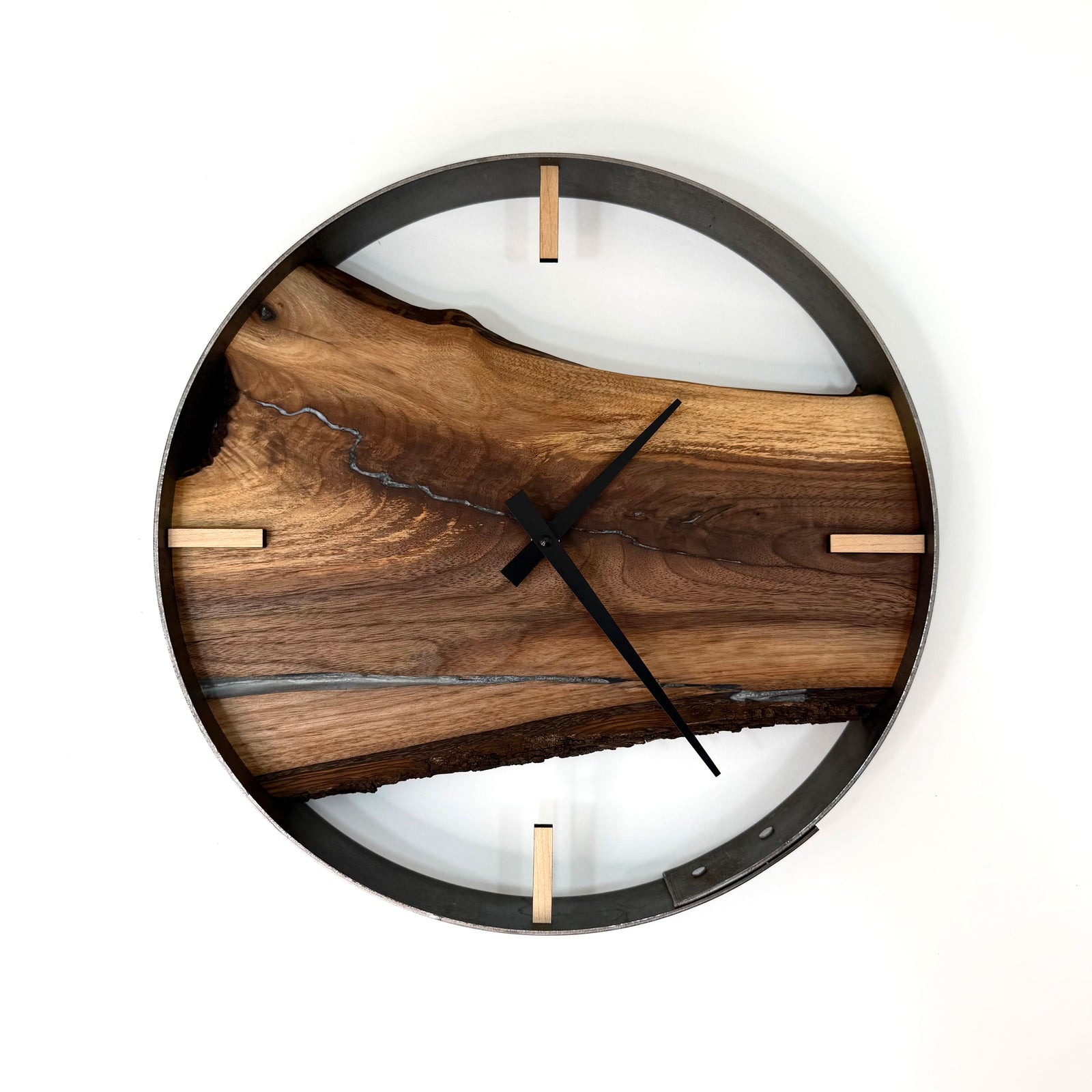 *NEW // 14” Black Walnut Live Edge Wood Wall Clock ft. Metallic Silver Inlay