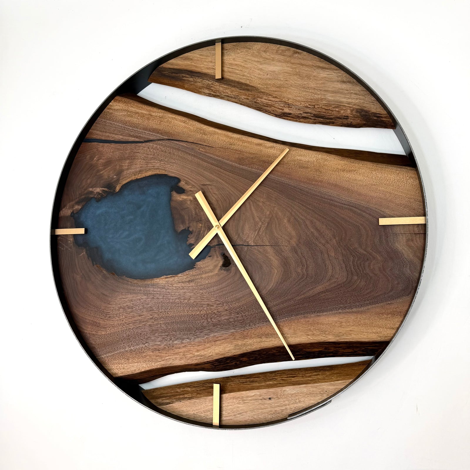 25” Black Walnut Live Edge Wood Clock ft. Metallic Ocean Blue Epoxy Inlay