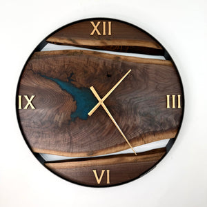 *NEW // 25” Black Walnut Live Edge Wood Clock ft. Metallic Teal Epoxy Inlay