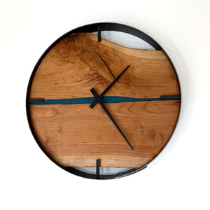 18” Cherry Live Edge Wood Clock ft. Metallic Teal Inlay