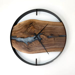 21” Black Walnut Live Edge Wood Clock ft. White Epoxy Inlay