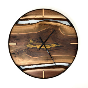 25” Black Walnut Live Edge Wood Clock ft. Gold Epoxy Inlay