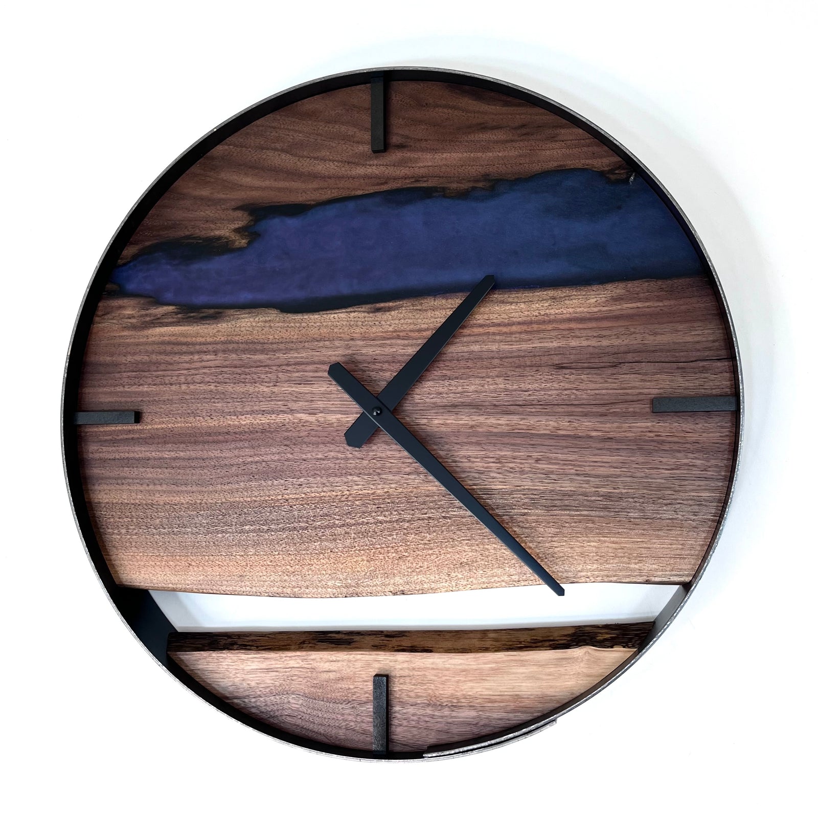 18” Black Walnut Live Edge Wood Wall Clock ft. Metallic Purple/Teal Epoxy Inlay
