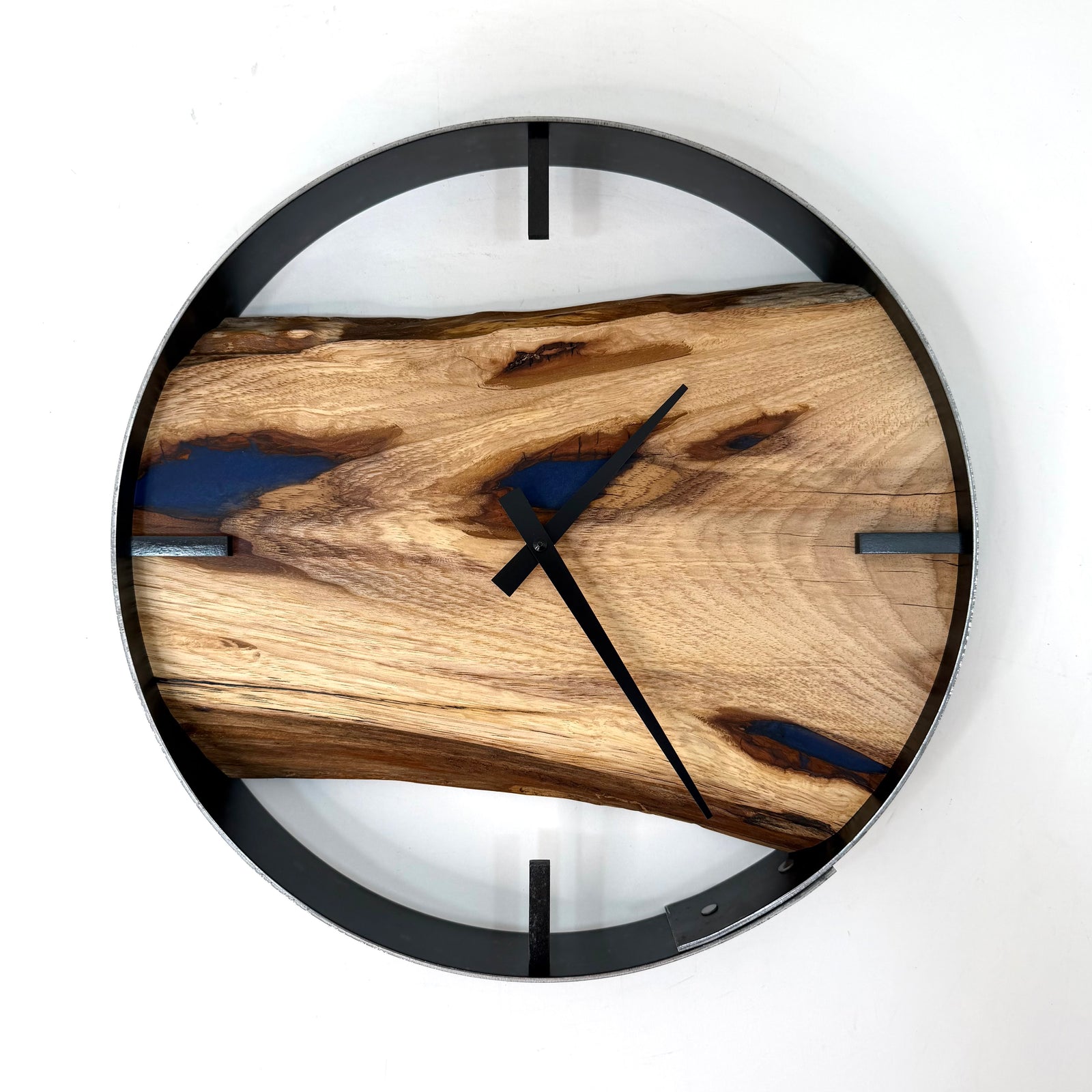 *NEW // 14” Hickory Live Edge Wood Wall Clock ft. Metallic Blue Inlay