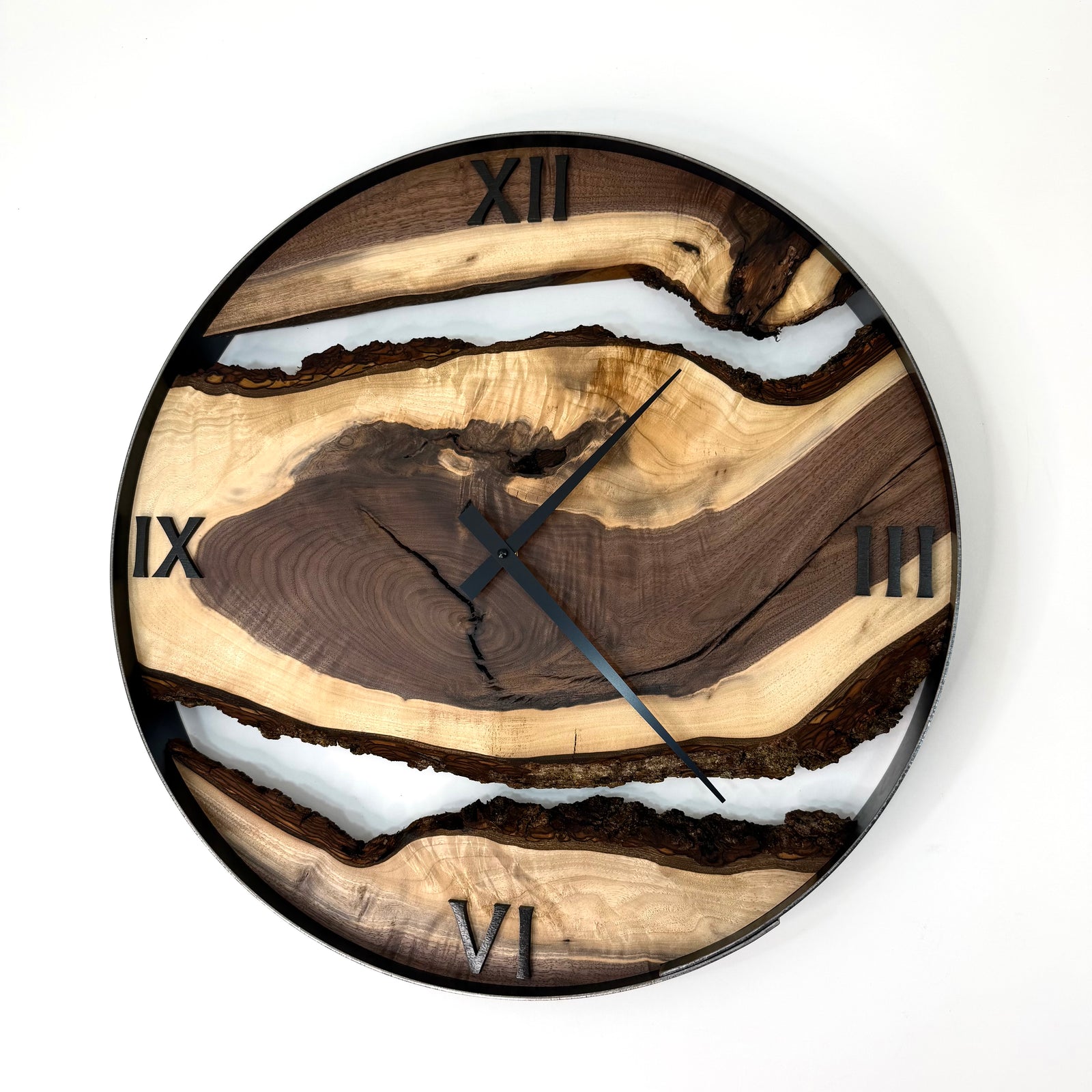 21” Black Walnut Live Edge Wood Wall Clock | Modern Rustic Art