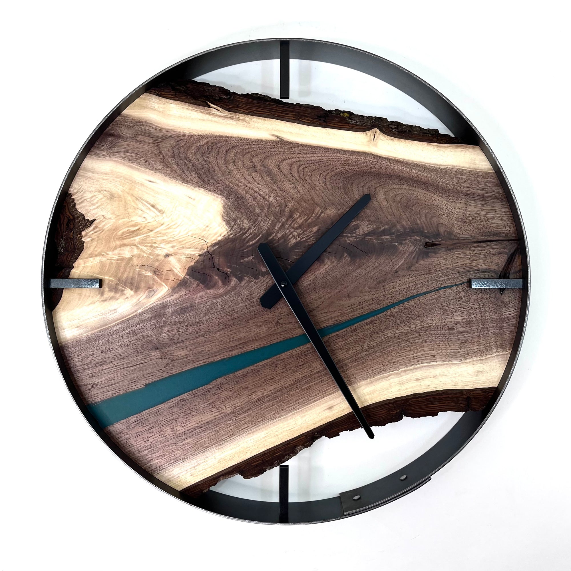 *NEW // 18” Black Walnut Live Edge Wood Wall Clock ft. Metallic Green Inlay