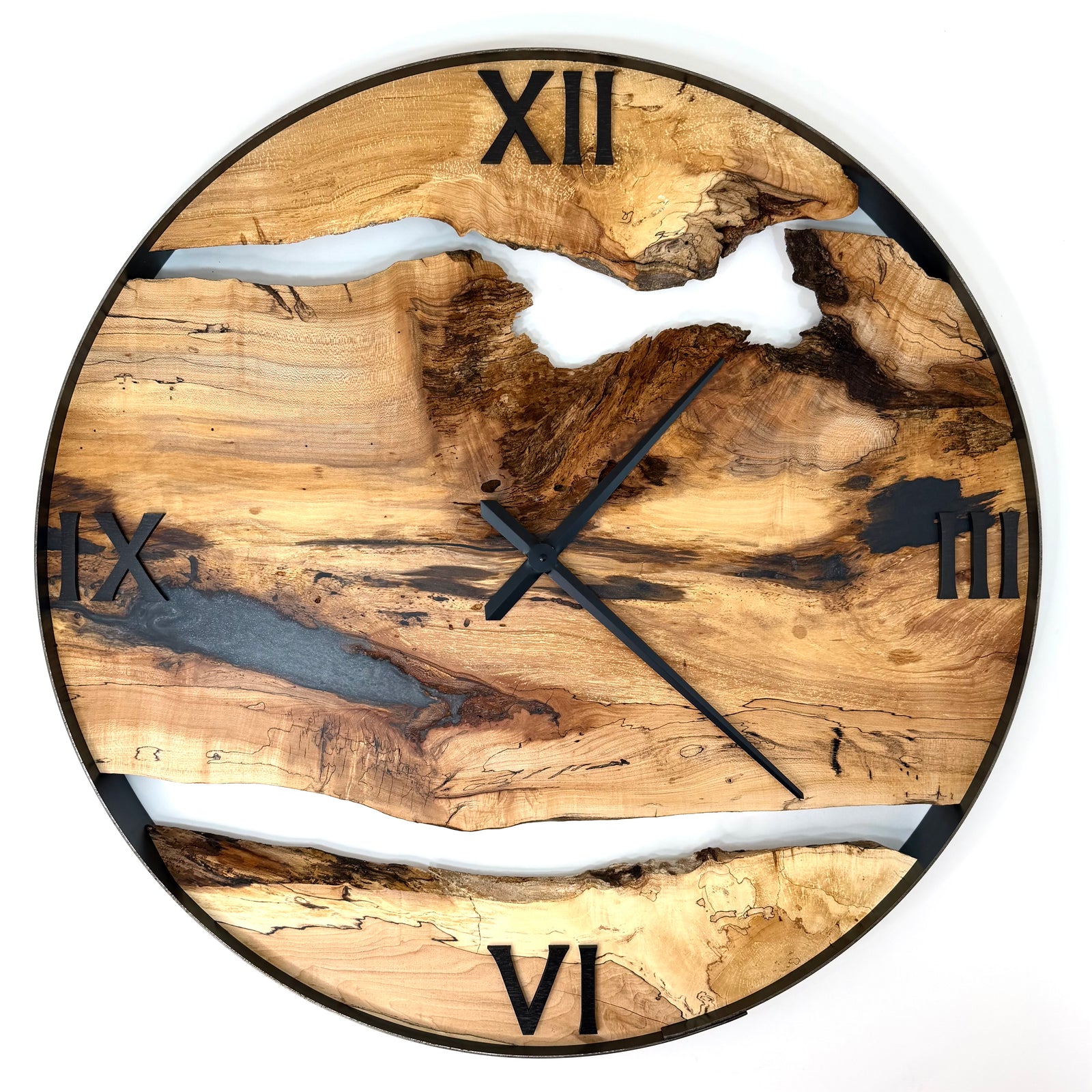 *NEW // 34” Spalted Maple Live Edge Wood Wall Clock ft. Metallic Silver Inlay