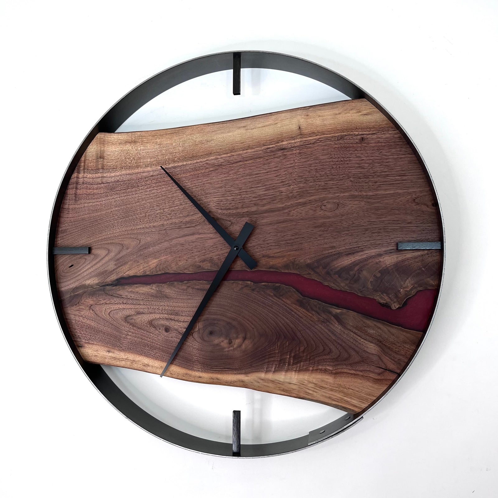 21” Black Walnut Live Edge Wood Clock ft. Red Epoxy Inlay