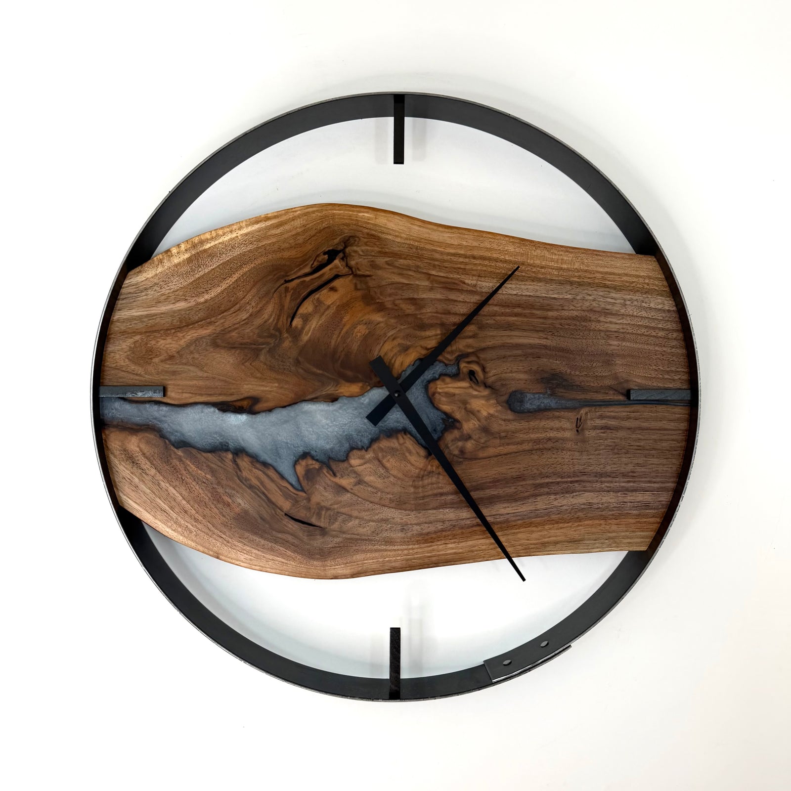 21” Black Walnut Live Edge Wood Clock ft. White Epoxy Inlay