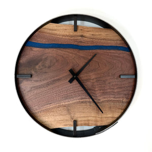 *NEW // 14” Black Walnut Live Edge Wood Wall Clock ft. Metallic Blue Inlay