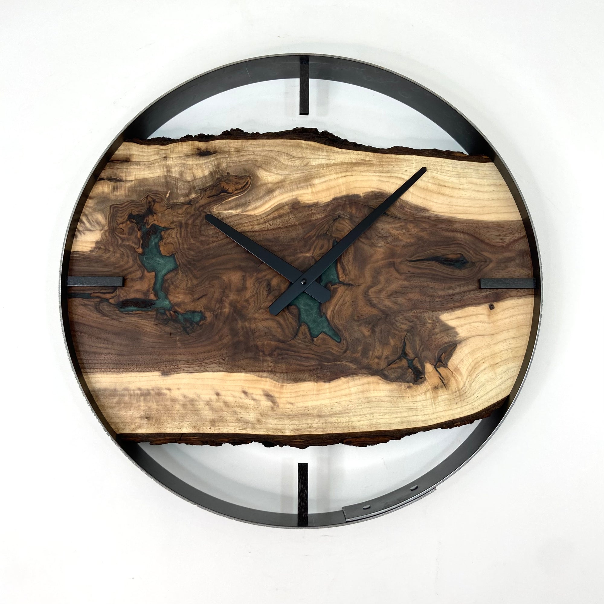 *NEW // 18” Black Walnut Live Edge Wood Wall Clock ft. Metallic Green Epoxy Inlay