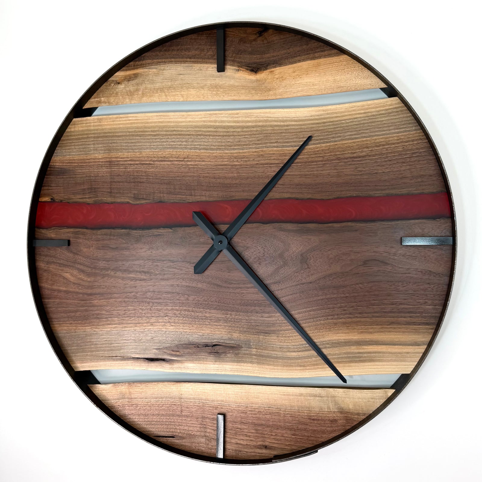 30” Black Walnut Live Edge Wood Clock ft. Red Epoxy Inlay