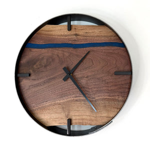 *NEW // 14” Black Walnut Live Edge Wood Wall Clock ft. Metallic Blue Inlay