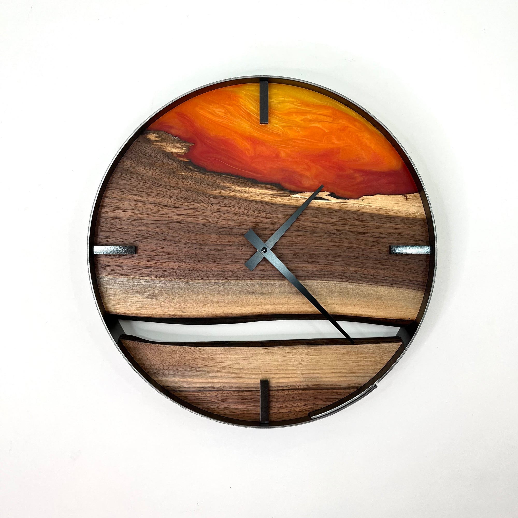 *NEW // 14” Black Walnut Live Edge Wood Wall Clock ft. Sunrise Epoxy Inlay