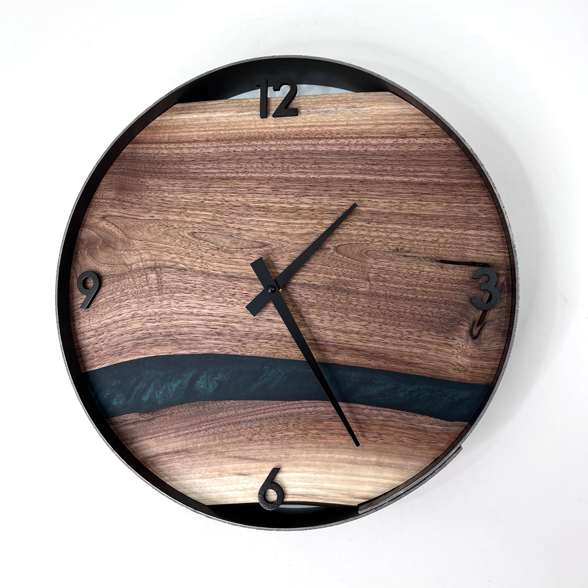 *RESERVED // 14” Black Walnut Live Edge Wood Wall Clock ft. Green Epoxy Inlay