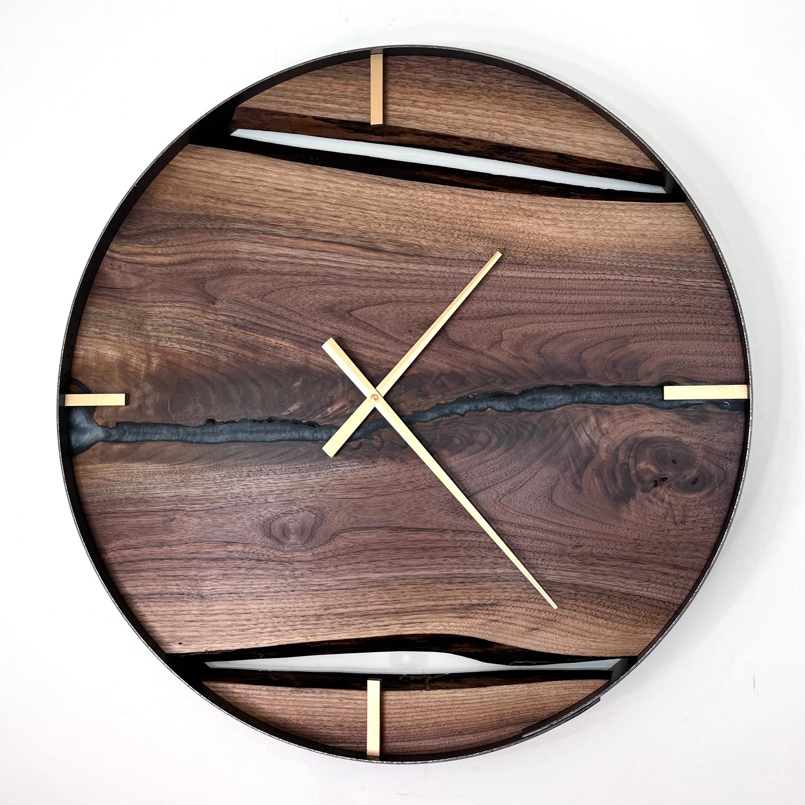 25” Black Walnut Live Edge Wood Clock ft. Metallic Black Epoxy Inlay