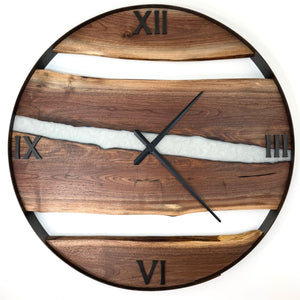 *NEW // 34” Walnut Live Edge Wood Wall Clock ft. Metallic White Epoxy Inlay