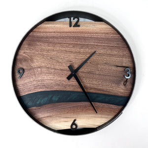 *RESERVED // 14” Black Walnut Live Edge Wood Wall Clock ft. Green Epoxy Inlay