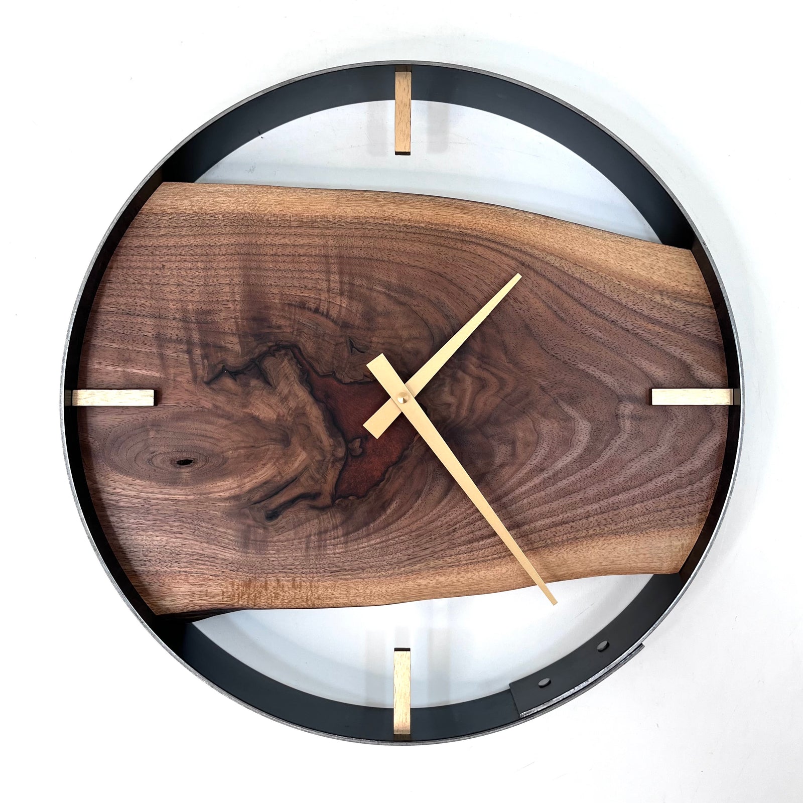 *NEW // 14” Black Walnut Live Edge Wood Wall Clock ft. Metallic Gold/Green Epoxy Inlay