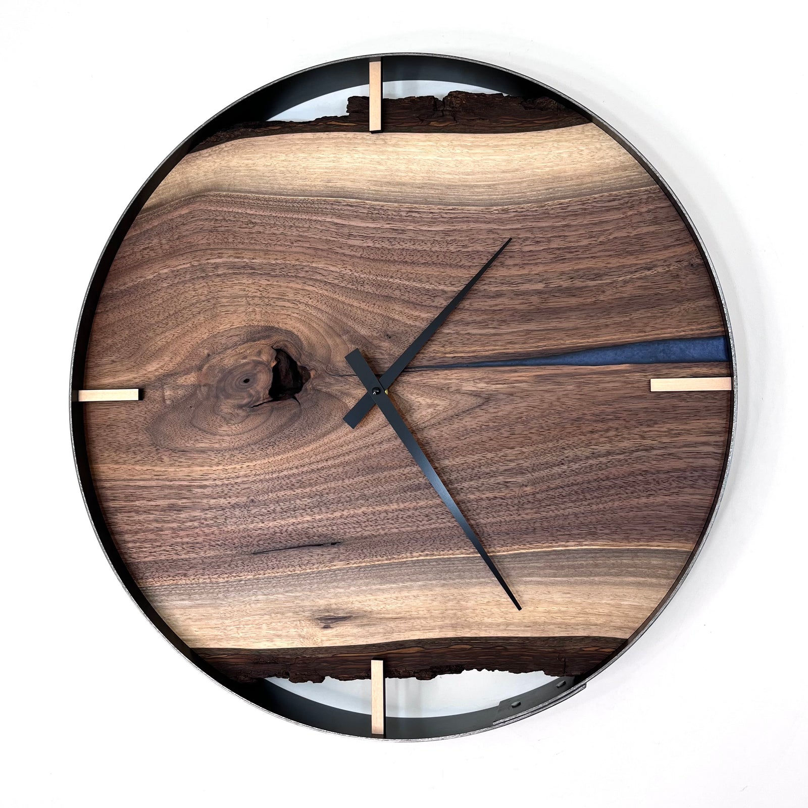 21” Black Walnut Live Edge Wood Clock ft. Grey Epoxy Inlay