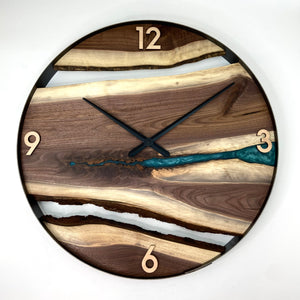 *NEW // 30” Black Walnut Live Edge Wood Clock ft. Teal Epoxy Inlay
