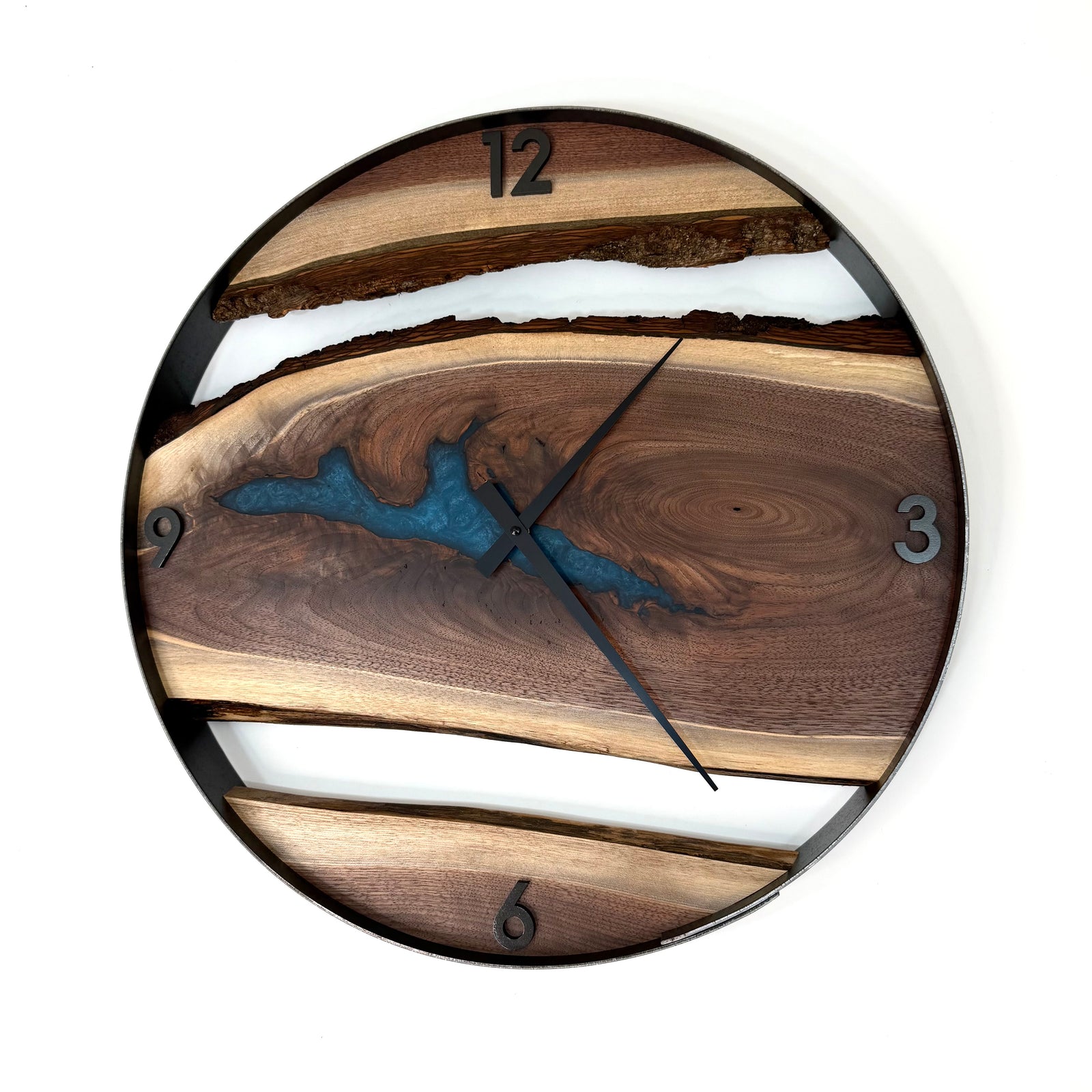 21” Black Walnut Live Edge Wood Clock ft. Teal Epoxy Inlay