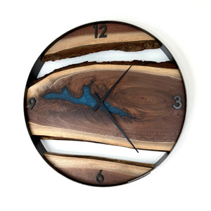 21” Black Walnut Live Edge Wood Clock ft. Teal Epoxy Inlay