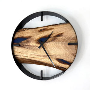 *NEW // 14” Hickory Live Edge Wood Wall Clock ft. Metallic Blue Inlay