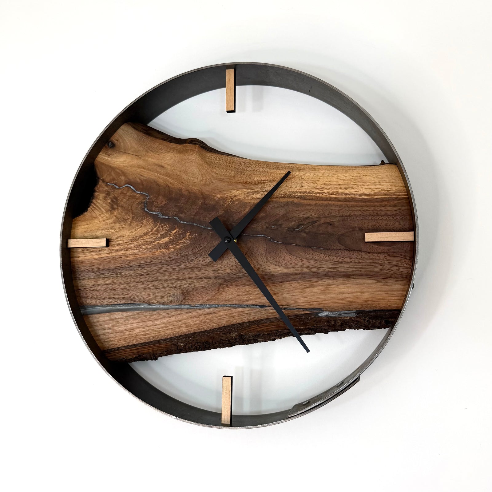 *NEW // 14” Black Walnut Live Edge Wood Wall Clock ft. Metallic Silver Inlay